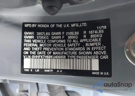 2019 Honda Civic Ex z USA, uszkodzony, nr VIN SHHFK7H68KU406858